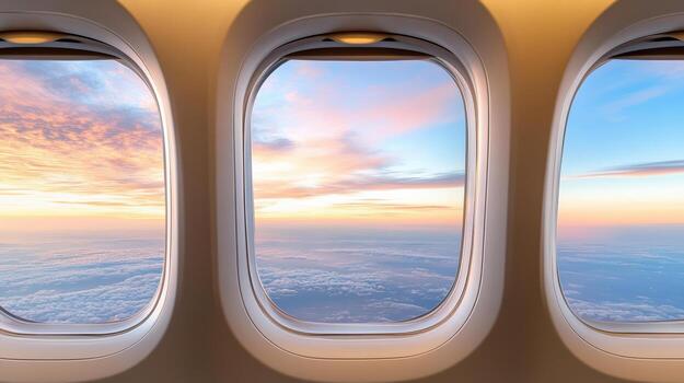 window seat view of colorful sunset over clouds, evoking tranquility photo