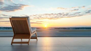 window side lounge chair offers serene view of sunset over airport photo