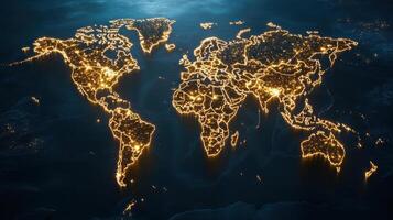 world map with glowing points highlighting continents and cities photo