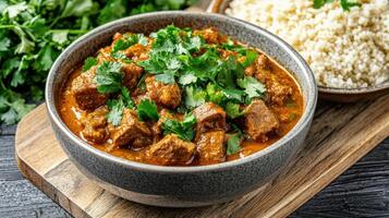 delicious bowl of Moroccan lamb stew garnished with fresh herbs, served with couscous photo