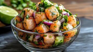 Fresh ceviche with diced fish, herbs, and vegetables, bursting with flavor and color photo