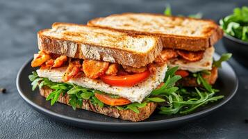 deliciously plated rustic sandwich with grilled chicken, tomatoes, and arugula whole grain bread photo