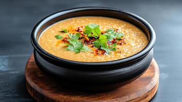 Creamy dal tadka garnished with fresh herbs, served in traditional bowl photo