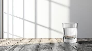 clear glass of water sits on wooden table, illuminated by soft shadows from nearby window photo