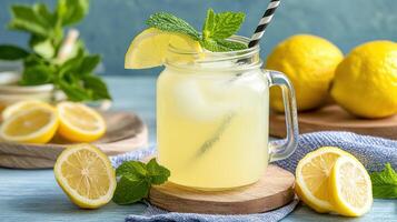 Refreshing lemonade in mason jar with mint and lemon slices, perfect for summer photo