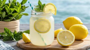 Refreshing lemonade in mason jar with lemon slices and mint leaves photo