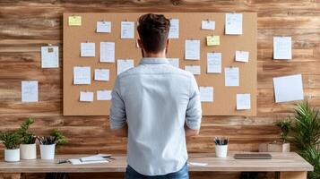 person analyzing goal tracking corkboard filled with notes and plans, reflecting on progress photo