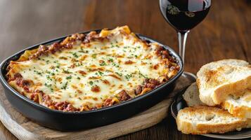 Delicious cheesy meaty lasagna served with garlic bread and red wine, perfect for sharing photo