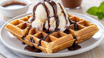 Delicious chocolate Belgian waffle topped with creamy vanilla ice cream and rich sauce photo