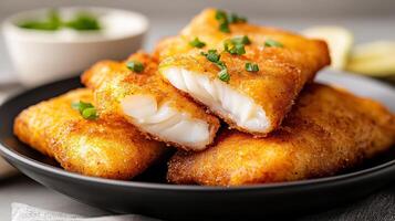 Crispy battered fish fillet served plate, garnished with green onions, delicious and appetizing photo