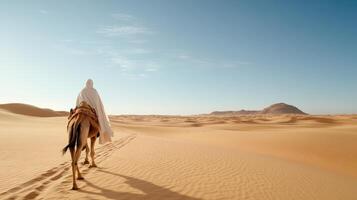 serene camel rider traverses golden sand dunes under clear blue sky, evoking tranquility photo