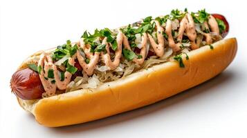 delicious hot dog topped with sauerkraut, onions, and creamy sauce, perfect for snack photo