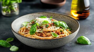 Delicious spaghetti bolognese topped with fresh basil and cheese, perfect for cozy meal photo