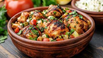 Delicious marinated spicy chicken served in clay pot with fresh herbs and vegetables photo