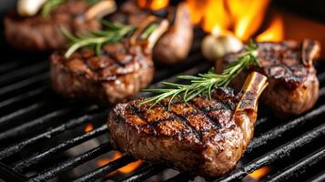 Grilled lamb chops with rosemary sizzling on barbecue, creating mouthwatering aroma photo