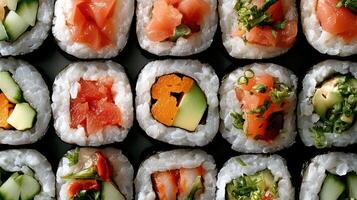 Delicious sushi rolls featuring fresh ingredients and vibrant colors, perfect for any meal photo