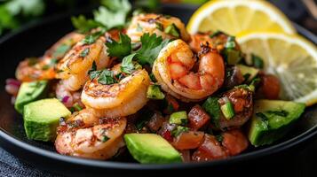 delicious plate of shrimp ceviche with fresh avocado and vibrant herbs, perfect for refreshing photo