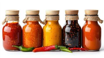Spicy sauces in glass bottles showcase vibrant colors and textures, perfect for flavor lovers photo