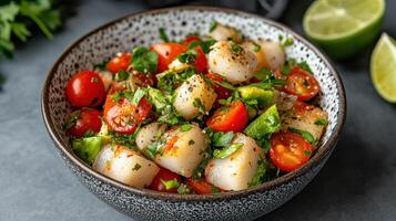 Fresh ceviche bowl with marinated seafood, tomatoes, and herbs, bursting with flavor photo