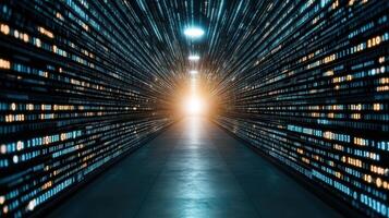 futuristic tunnel filled with binary code, symbolizing data flow and technology photo