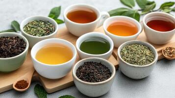 vibrant arrangement of herbal teas in various cups, showcasing diverse colors and flavors photo