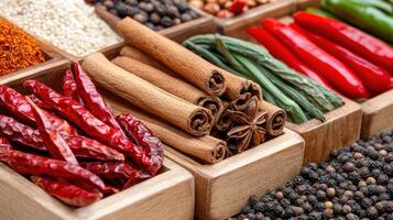 Colorful display of spices including cinnamon, star anise, and dried chilies, evoking warmth and photo