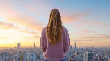 confident woman standing on city rooftop at sunrise, gazing at skyline photo
