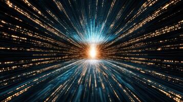 vibrant depiction of light beams converging towards bright center, evoking sense of speed and photo