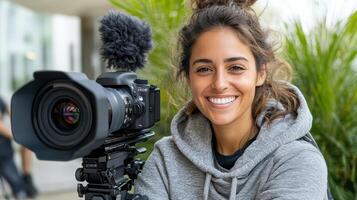young female filmmaker smiles while capturing stories with her camera, showcasing creativity and photo
