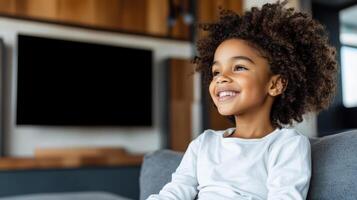 young girl with curly hair smiles while watching documentary at home, feeling inspired photo