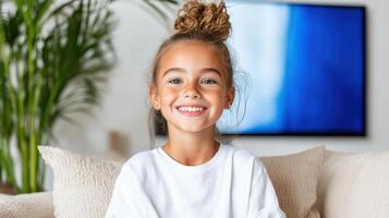 young girl smiling happily in cozy living room with modern decor photo