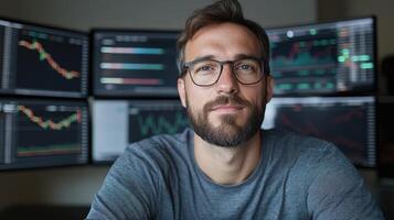 young investor analyzing stock market trends with multiple screens displaying data photo