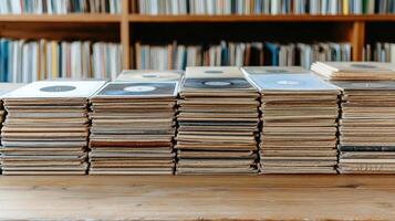 Dusty vinyl records stacked neatly on wooden table, evoking nostalgia and warmth photo