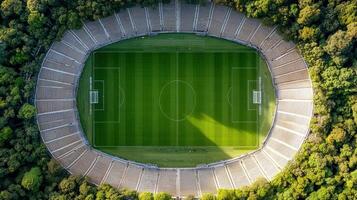 Aerial view of large sports stadium surrounded by trees, showcasing vibrant green field photo