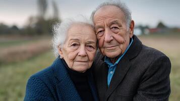 Elderly couple embracing each other warmly serene outdoor setting, showcasing love and photo