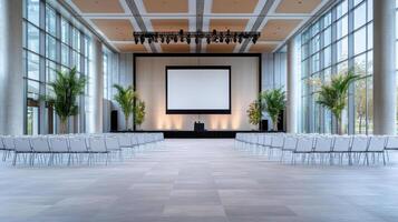spacious conference venue with elegant seating and large screen, perfect for events photo