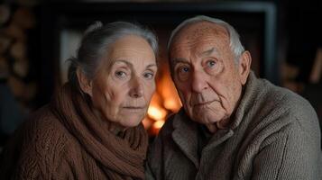 Elderly couple sitting by fireplace, sharing moment of warmth and reflection photo