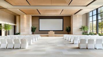 spacious conference venue with elegant seating and large screen for presentations photo