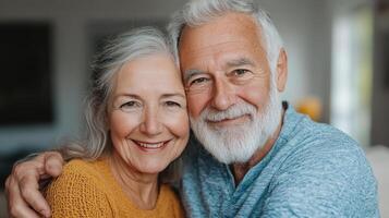 Elderly couple embracing in their cozy living room, radiating warmth and love photo