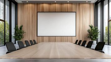 modern conference room featuring large wooden table, empty chairs, and blank screen photo