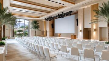 spacious conference venue featuring rows of white chairs, palm trees, and large screen photo