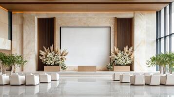 elegantly decorated seminar hall featuring floral arrangements and modern design elements photo