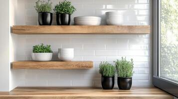 Bright kitchen with open shelves displaying fresh herbs and stylish tableware, creating cozy photo