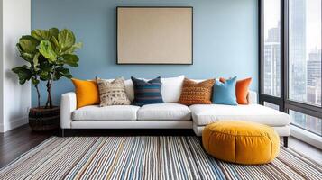 cozy living room featuring white sectional sofa adorned with colorful cushions, vibrant rug photo