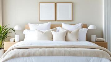 Elegant bedroom with luxurious bedspread and decorative pillows, creating serene atmosphere photo