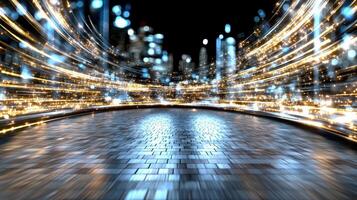 Dynamic light trails create vibrant abstract bokeh effect in cityscape setting photo
