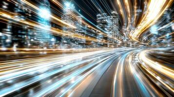 Dynamic light trails create vibrant abstract bokeh effect in cityscape at night photo