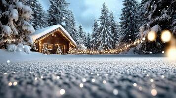cozy cabin surrounded by snow covered trees, creating magical winter scene photo