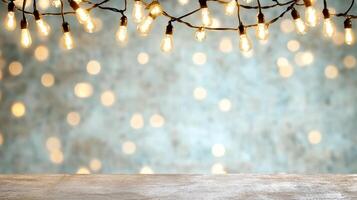 Bright string lights create warm ambiance against dreamy bokeh background, evoking joy photo