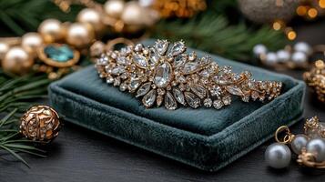 stunning vintage brooch adorned with sparkling jewels, resting elegantly on plush velvet box photo